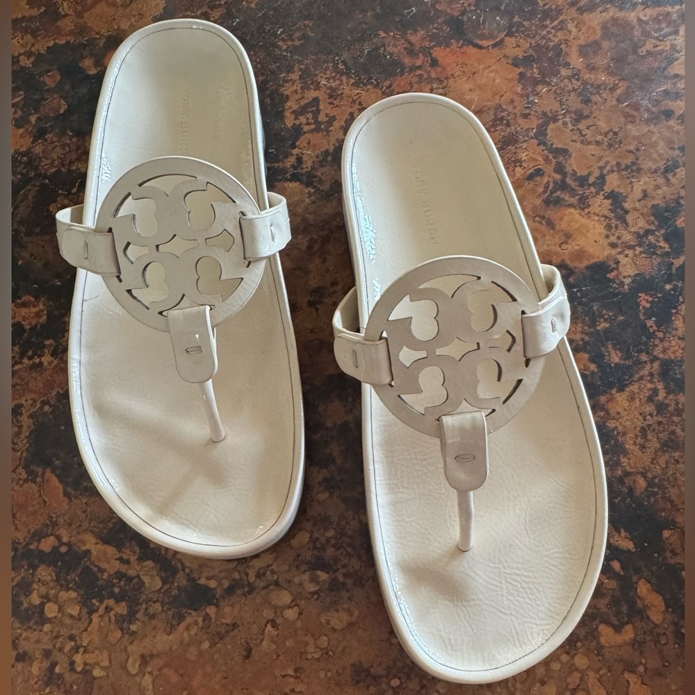 Tory Burch Cream and Black Sandals with Signature Medallion